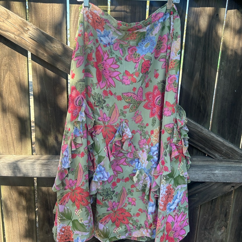 VTG Coldwater Creek Floral Ruffle Midi Skirt L Green Fairycore Cottagecore